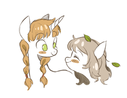 Size: 2076x1600 | Tagged: safe, artist:sketchy-pones, pony, unicorn, blush sticker, blushing, bust, dungeon meshi, eyes closed, falin touden, female, horn, leaves, looking at each other, looking at someone, marcille donato, mare, ponified, simple background, smiling, smiling at each other, white background