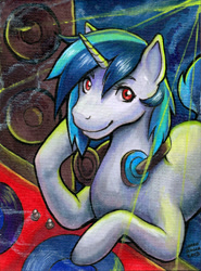 Size: 443x600 | Tagged: artist needed, source needed, safe, dj pon-3, vinyl scratch, horse, pony, unicorn, g4, female, headphones, horn, mare, red eyes, solo, speaker, turntable