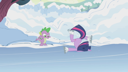 Size: 1920x1080 | Tagged: safe, screencap, spike, twilight sparkle, dragon, pony, unicorn, g4, season 1, winter wrap up, abuse, anatomically incorrect, baby, baby dragon, duo, duo male and female, faceplant, female, horn, ice, ice skates, ice skating, incorrect leg anatomy, majestic as fuck, male, mare, skates, snow, twilybuse, unicorn twilight