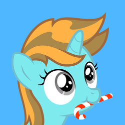 Size: 1668x1664 | Tagged: artist needed, source needed, safe, oc, oc only, oc:sollace, pony, unicorn, g4, blue background, candy, candy cane, female, food, gray eyes, horn, mare, simple background, solo, upper body