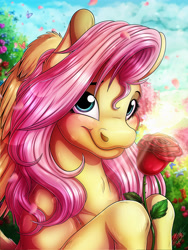 Size: 3000x4000 | Tagged: safe, artist:lupiarts, fluttershy, butterfly, pegasus, pony, g4, bust, cherry blossoms, cute, female, flower, flower blossom, garden, high res, portrait, rose, shyabetes, solo