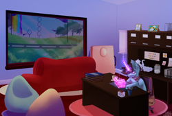 Size: 3541x2400 | Tagged: safe, artist:honeybbear, oc, oc only, pony, unicorn, book, chair, couch, horn, magic, mug, picture frame, solo, telekinesis, television, unicorn oc