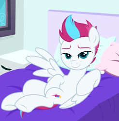 Size: 3547x3600 | Tagged: safe, artist:ramixe dash, zipp storm, pegasus, pony, g4, g5, base used, bed, bedroom, female, g5 to g4, generation leap, looking at you, mare, pillow, smiling, smiling at you, solo