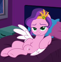 Size: 3547x3600 | Tagged: safe, artist:ramixe dash, pipp petals, pegasus, pony, g4, g5, base used, bed, bedroom, female, g5 to g4, generation leap, looking at you, mare, pillow, smiling, smiling at you, solo