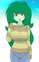 Size: 1657x2630 | Tagged: safe, artist:batipin, wallflower blush, human, equestria girls, g4, blushing, breast squish, breasts, busty wallflower blush, clothes, female, freckles, looking at you, open mouth, solo, sweat, sweater, sweater puppies