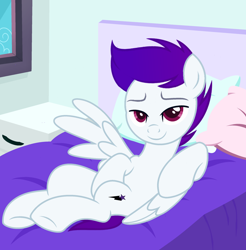 Size: 3548x3600 | Tagged: safe, artist:ramixe dash, oc, oc only, oc:lightning stars, pegasus, pony, g4, g5, base used, bed, bedroom, g5 to g4, generation leap, gradient mane, looking at you, male, pillow, purple mane, smiling, smiling at you, solo, stallion