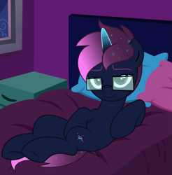 Size: 3547x3600 | Tagged: safe, artist:ramixe dash, oc, oc only, oc:osiris eclipse, pony, unicorn, g4, g5, base used, bed, bedroom, colored horn, g5 to g4, generation leap, glasses, horn, looking at you, male, pillow, smiling, smiling at you, solo, stallion