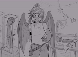 Size: 8500x6228 | Tagged: safe, artist:alisonandhope, oc, oc only, griffon, anthro, commission, display case, female, gray background, grayscale, hand on hip, interspecies offspring, magical lesbian spawn, missing limb, monochrome, offspring, parent:gilda, parent:rainbow dash, parents:gildash, robotic arm, simple background