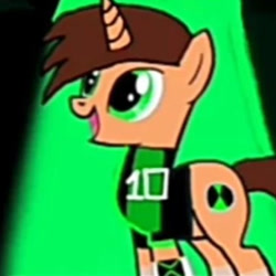 Size: 414x414 | Tagged: artist needed, safe, pony, unicorn, g4, ben 10, brown hair, cutie mark, green eyes, horn, open mouth, ponified, solo