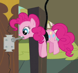 Size: 427x399 | Tagged: safe, screencap, pinkie pie, earth pony, pony, g4, it's about time, season 2, animated, bolt, bouncing, cutie mark, female, full body, gif, mare, mouth hold, solo, wrench