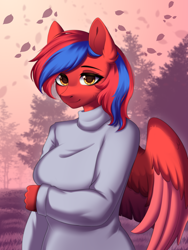 Size: 1716x2286 | Tagged: safe, artist:alunedoodle, oc, oc only, oc:ivory flare, pegasus, pony, anthro, bust, clothes, colored wings, female, folded wings, portrait, solo, sweater, two toned mane, two toned wings, wings
