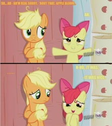 Size: 642x719 | Tagged: safe, edit, edited screencap, screencap, apple bloom, applejack, earth pony, pony, apple family reunion, g4, ..., caption, duo, duo female, english, female, hub logo, image macro, implied applecest, implied incest, implied shipping, logo, mare, messy mane, open mouth, text, the hub