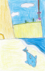 Size: 1539x2454 | Tagged: safe, artist:nitro indigo, fanfic:all the smallest things, beach, beached whale, cliffs, crystal brighthouse, fanfic art, finizen, maretime bay, ocean, pencil drawing, pokémon, rainbow, solo, traditional art, water