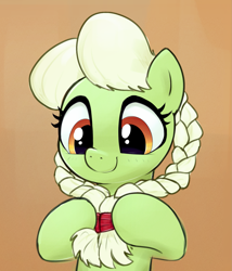 Size: 1499x1753 | Tagged: safe, artist:whiskeypanda, granny smith, earth pony, pony, g4, blushing, braid, bust, female, gradient background, looking down, mare, mother's day, playing with hair, smiling, solo, young granny smith, younger