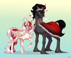 Size: 3541x2908 | Tagged: safe, artist:honeybbear, king sombra, oc, oc:awya lightfeather, pegasus, pony, unicorn, g4, canon x oc, curved horn, duo, duo male and female, female, folded wings, gradient background, horn, male, pegasus oc, tsundere, wings