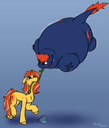 Size: 2595x3041 | Tagged: safe, artist:monycaalot, oc, oc only, oc:cinderheart, oc:fizark catto, monster pony, original species, pony, tatzlpony, unicorn, colored sketch, concave belly, duo, helium inflation, horn, inflation, looking at each other, looking at someone, potion, sketch, spherical inflation, tentacles
