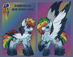 Size: 3500x2750 | Tagged: safe, artist:pegacousinceles, rainbow dash, pegasus, pony, g4, alternate design, au:war never ends, cheek fluff, chest fluff, colored pinnae, colored wings, ear fluff, ear markings, ear piercing, facial markings, feathered fetlocks, female, folded wings, full body, gradient legs, hock fluff, lichtenberg scar, lightning mark, looking at you, mare, mealy mouth (coat marking), multicolored hair, piercing, rainbow hair, rainbow tail, raised hoof, scar, solo, spread wings, tail, two toned wings, wings