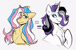 Size: 3000x2000 | Tagged: safe, artist:jhonnysheep, fluttershy, rarity, pegasus, pony, unicorn, asexual, asexual pride flag, chest fluff, duo, duo female, eyeshadow, female, hair over one eye, horn, lesbian, looking at each other, looking at someone, makeup, one eye closed, pride, pride flag, ship:flarity, shipping, simple background, trans female, transgender, transgender pride flag, white background, wink