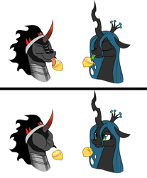 Size: 1600x1936 | Tagged: safe, artist:thescornfulreptilian, king sombra, queen chrysalis, changeling, changeling queen, umbrum, duo, duo male and female, female, food, lemon, lemon meme, licking, male, meme, simple background, tongue out, white background