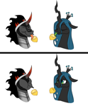 Size: 1600x1936 | Tagged: safe, artist:thescornfulreptilian, king sombra, queen chrysalis, changeling, changeling queen, umbrum, g4, comic, curved horn, duo, duo male and female, eyebrows, eyes closed, female, floppy ears, food, forked tongue, green tongue, horn, lemon, lemon meme, licking, lidded eyes, looking at someone, male, meme, raised eyebrow, role reversal, simple background, smiling, sour, stallion, tongue out, white background