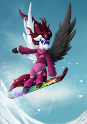 Size: 1237x1750 | Tagged: safe, artist:jamescorck, oc, oc:seraph, pegasus, pony, clothes, snow, snowboard, solo