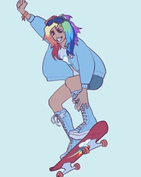 Size: 1440x1800 | Tagged: safe, artist:broniesforponies, rainbow dash, human, blue background, clothes, female, grin, humanized, jacket, multicolored hair, rainbow hair, simple background, skateboard, smiling, solo