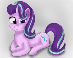 Size: 5000x4000 | Tagged: safe, artist:cloudmild, starlight glimmer, pony, unicorn, g4, big eyes, cute, female, gray background, horn, mare, resting, simple background, smiling, solo
