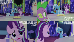 Size: 2000x1125 | Tagged: safe, edit, edited screencap, editor:quoterific, screencap, spike, starlight glimmer, trixie, all bottled up, g4, book, cutie map, trio, twilight's castle