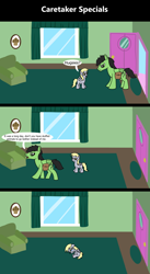 Size: 1920x3516 | Tagged: safe, artist:platinumdrop, derpy hooves, oc, oc:anon, oc:anon stallion, pegasus, pony, comic:caretaker specials, series:caretaker, g4, -food, 3 panel comic, alone, annoyed, bag, blank flank, caretaker, comic, commission, couch, crying, curtains, cute, dialogue, door, duo, excited, female, filly, filly derpy, floppy ears, foal, food, front door, frown, furniture, home, ignoring, indoors, living room, looking at each other, looking at someone, looking down, male, muffin, open door, open mouth, painting, picture frame, room, sad, saddle bag, series, sitting, smiling, solo, speech bubble, spread wings, stallion, talking, tears of sadness, teary eyes, walking, window, wings, younger