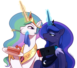 Size: 3307x2922 | Tagged: safe, artist:maren, princess celestia, princess luna, alicorn, pony, gamer luna, g4, cake, cake slice, cakelestia, cheek bulge, commission, crown, duo, duo female, eating, eyeshadow, female, food, fork, glowing, glowing horn, herbivore, high res, hoof hold, hoof shoes, horn, jewelry, lidded eyes, long horn, magnetic hooves, makeup, mare, messy eating, nintendo switch, open mouth, peytral, plate, princess shoes, regalia, royal sisters, siblings, simple background, sisters, sternocleidomastoid, that pony sure does love cakes, white background