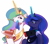 Size: 3307x2922 | Tagged: safe, artist:maren, princess celestia, princess luna, twilight sparkle, alicorn, pony, cake, commission, duo, duo male and female, eating, eyeshadow, female, food, fork, glowing, glowing horn, hoof shoes, horn, jewelry, makeup, male, mare, nintendo switch, open mouth, plate, regalia, royal sisters, siblings, simple background, sisters, white background