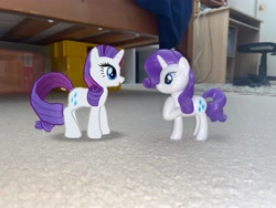 Size: 4032x3024 | Tagged: safe, gameloft, rarity, unicorn, g4, my little pony: magic princess, 3d, 3d model, augmented reality, chair, desk, floor, horn, irl, looking at each other, looking at someone, photo, self paradox