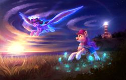Size: 4608x2941 | Tagged: safe, artist:itssim, sunny starscout, twilight sparkle, alicorn, earth pony, pony, g5, duo, duo female, female, flying, high res, lighthouse, ocean, sunny and her heroine, twilight sparkle (alicorn), water, watermark