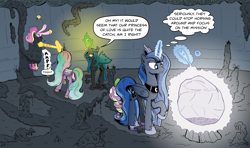 Size: 3184x1883 | Tagged: safe, artist:pony-berserker, princess cadance, princess celestia, princess luna, queen chrysalis, spike, alicorn, changeling, changeling queen, dragon, pony, g4, 2014, artifact, dialogue, fanfic art, female, i can't believe it's not idw, link in description, magic, male, mare, style emulation