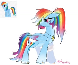 Size: 1440x1214 | Tagged: safe, artist:petaltwinkle, rainbow dash, pegasus, pony, g4, alternate design, alternate hairstyle, alternate mane color, alternate tail color, blaze (coat marking), blue coat, coat markings, colored belly, colored eartips, colored hooves, colored wings, colored wingtips, ears back, eye scar, eyelashes, facial markings, facial scar, female, folded wings, frown, gradient wings, jewelry, long mane, long tail, mare, multicolored hair, multicolored mane, multicolored tail, narrowed eyes, necklace, pale belly, pink eyes, ponytail, profile, rainbow dash is not amused, rainbow hair, rainbow tail, scar, shiny eyes, signature, simple background, socks (coat markings), solo, standing, tail, tied mane, two toned wings, unamused, unshorn fetlocks, vector, white background, wingding eyes, wings