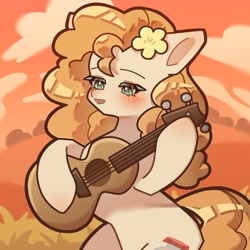 Size: 1536x1535 | Tagged: safe, artist:mugitya012, pear butter, earth pony, pony, g4, cloud, female, grass, guitar, mare, musical instrument, solo