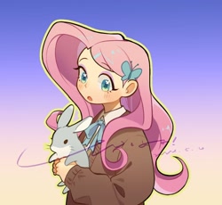 Size: 1024x942 | Tagged: safe, artist:zhou6286, fluttershy, human, rabbit, g4, animal, blushing, gradient background, humanized, open mouth, solo