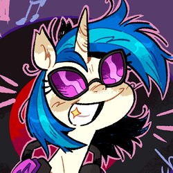 Size: 1080x1080 | Tagged: safe, artist:batzy-artz, dj pon-3, vinyl scratch, pony, unicorn, g4, abstract background, blush scribble, blushing, bust, colored eartips, cropped, ear fluff, ear tufts, emanata, eye clipping through hair, eyelashes, female, glasses, headphones, horn, lightning, mare, music notes, outline, passepartout, portrait, record, shiny mane, smiling, solo, sparkles, teeth, two toned mane, vinyl's glasses, white coat