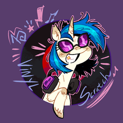 Size: 1080x1080 | Tagged: safe, artist:batzy-artz, dj pon-3, vinyl scratch, pony, unicorn, g4, blush scribble, blushing, colored eartips, colored hooves, ear tufts, emanata, eye clipping through hair, eyelashes, female, fluffy, glasses, grin, half body, headphones, hooves, horn, lightning, mare, music notes, name, outline, passepartout, purple background, raised hoof, record, shiny mane, simple background, smiling, solo, sparkles, stars, stray strand, teeth, text, two toned mane, unshorn fetlocks, vinyl's glasses, white coat