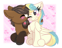 Size: 2834x2160 | Tagged: safe, artist:lbrcloud, oc, oc only, oc:icy breeze (the coco clan), oc:strawberry cocoa (the coco clan), monster pony, pegasus, pony, unicorn, 2024, blaze (coat marking), blushing, brown coat, brown tail, coat markings, commission, commissioner:rautamiekka, cute, cyan mane, cyan tail, duo, duo male, ear fluff, ears back, eyelashes, eyes closed, facial markings, feathered wings, female to male, femboy, floppy ears, folded wings, food, forehead kiss, front view, gay, gray hooves, high res, horn, kissing, lighter underbelly, looking at someone, lying down, male, male oc, mane, no eyelashes, ocbetes, older male, one eye closed, pegasus oc, pegasus wings, pony oc, pony on pony action, prone, relatives, rule 63, semi-incest, sitting, smiling, stallion, stallion oc, stallion on stallion, strawberry, tail, two toned coat, two toned mane, two toned tail, uncle and nephew, underhoof, unicorn oc, unshorn fetlocks, white sclera, wings, ych result, younger male