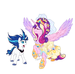 Size: 1600x1577 | Tagged: safe, artist:nazalik, princess cadance, shining armor, alicorn, pony, unicorn, g4, blushing, bowtie, clothes, colored wings, dress, duo, eyes closed, female, gradient wings, heart, heart eyes, height difference, horn, horns, jewelry, looking at each other, looking at someone, makeup, male, meme, messy mane, missing cutie mark, ruffles, shine, ship:shiningcadance, shipping, simple background, smiling, smiling at each other, spread wings, straight, suit, the bride and the ugly ass groom, transparent background, unshorn fetlocks, veil, wedding dress, wedding rings, wedding veil, wingding eyes, wings