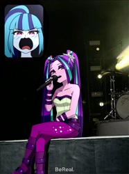 Size: 1411x1898 | Tagged: safe, artist:nekojackun, aria blaze, sonata dusk, human, equestria girls, g4, 2d, bangs, bare shoulders, bereal., blushing, boots, crossed legs, drum kit, drums, duo, duo female, eyeshadow, female, makeup, meme, microphone, musical instrument, open mouth, pigtails, ponytail, screaming, screaming fan meme, shoes, singing, sleeveless, strapless, twintails
