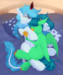 Size: 2536x3000 | Tagged: safe, artist:kanaetakano, artist:syu, oc, oc only, oc:crystal rain, oc:frost flare, hippogriff, kirin, beak, bed, bedframe, bedroom, chest fluff, claws, cozy, cute, dawn, ear fluff, eyes closed, fluffy, folded wings, high res, hippogriff oc, hooves, hug, hugging a pony, kirin oc, looking at each other, looking at someone, lying down, pillow, ponytail, relaxing, simple background, smiling, smiling at each other, snuggling, stars, sunset, wings