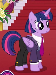 Size: 568x758 | Tagged: safe, gameloft, twilight sparkle, alicorn, pony, g4, my little pony: magic princess, alternate hairstyle, business suit, businessmare, clothes, cute, female, game screencap, mare, necktie, pants, shirt, solo, suit, twiabetes, twilight sparkle (alicorn)