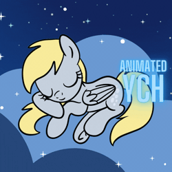 Size: 864x864 | Tagged: safe, artist:lannielona, derpy hooves, pegasus, pony, :o, advertisement, animated, cloud, commission, eyes closed, female, folded wings, gif, mare, night, open mouth, resting, sky, sleeping, solo, underhoof, wings, your character here