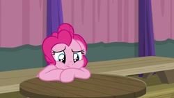 Size: 1920x1088 | Tagged: safe, screencap, pinkie pie, earth pony, pony, a trivial pursuit, g4, season 9, blue eyes, cute, diapinkes, eyelashes, female, floppy ears, frown, pink fur, pink hair, pink mane, sad, sadorable, solo, sparkly eyes, table, wingding eyes