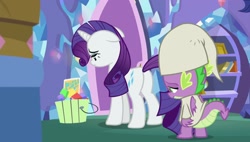 Size: 1920x1088 | Tagged: safe, screencap, rarity, spike, dragon, pony, unicorn, dragon dropped, g4, season 9, butt, disappointed, duo, duo male and female, female, frame, frown, horn, male, plot, purple mane, spike's room, twilight's castle, white fur, winged spike, wings