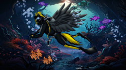 Size: 2048x1139 | Tagged: artist needed, safe, oc, oc:shadow whip, pegasus, anthro, scuba diving, scuba gear, solo, underwater, water