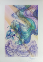 Size: 2786x4000 | Tagged: safe, artist:jsunlight, princess celestia, alicorn, pony, g4, female, half body, horn, horn jewelry, i really like her mane, jewelry, long horn, long mane, looking at you, looking back, looking back at you, mare, partially open wings, passepartout, smiling, smiling at you, solo, traditional art, watercolor painting, wing jewelry, wings