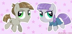 Size: 1098x518 | Tagged: safe, artist:lullapiies, maud pie, mudbriar, earth pony, pony, g4, clothes, duo focus, female, male, mare, ship:maudbriar, shipping, signature, simple background, straight